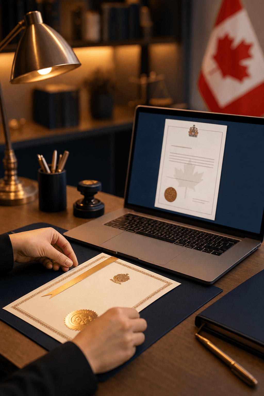 Hands holding a gold-sealed certificate next to a laptop displaying an official Canadian document.