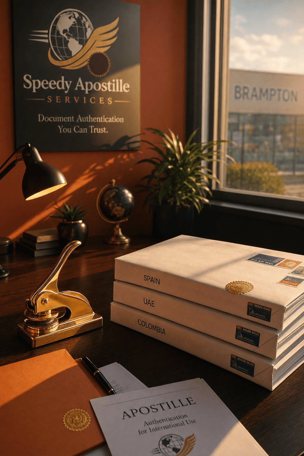 Late afternoon sunlight on a document authentication workspace with gold embosser and international envelopes, calm and focused atmosphere