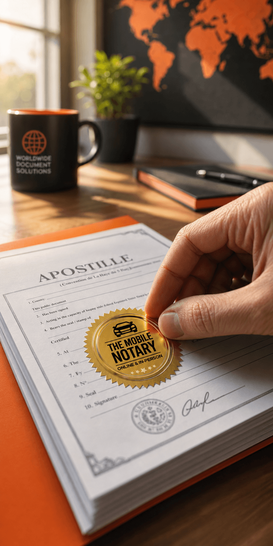 Close-up of a hand carefully placing a gold apostille seal onto an official document in a bright Brampton office, Monday morning light, professional setting