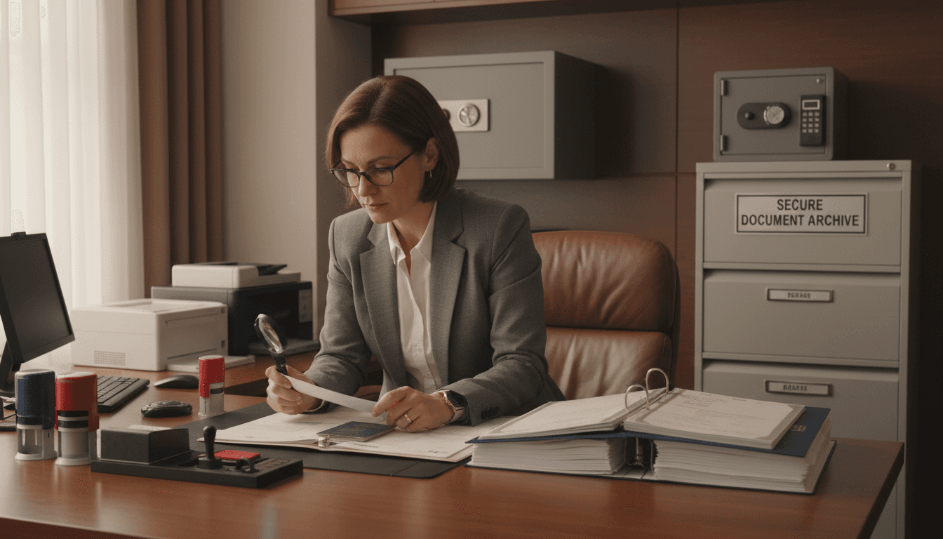 Professional reviewing apostille documents at desk