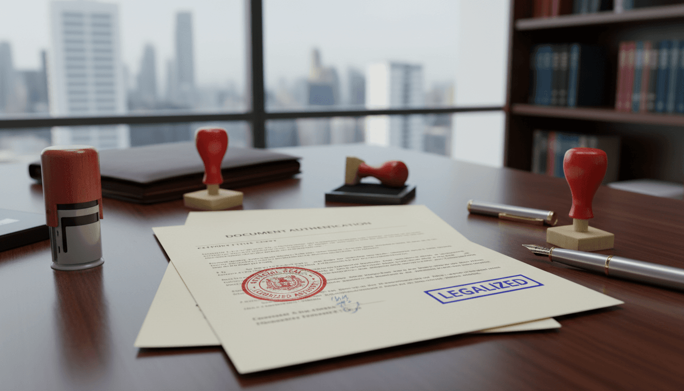 Professional document authentication workspace with official apostille stamps and paperwork